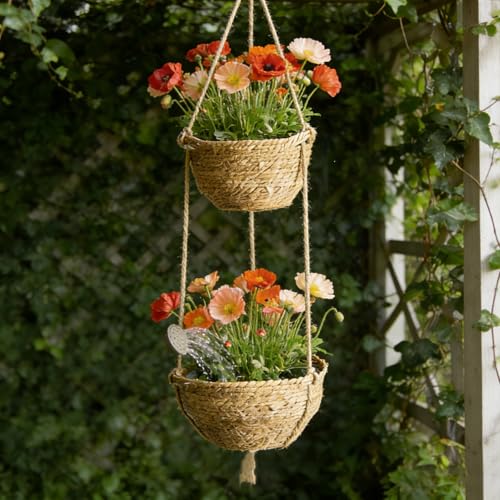 Double Layer Woven Hanging Planter, Boho Style Hanging Flower Basket, 2-Tier Macrame Holder for Indoor Home Garden Living Room Balcony Porch (Color B) - color: Color B