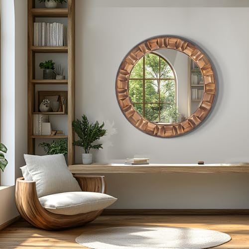 30 Inch Dark Solid Wood Round Wall Mirror, Brown Wooden Decorative Circle Mirror for Bathroom, Bedroom, Living Room, Entryway, Hallway, or Foyer - color: A - Round - 30x30 in