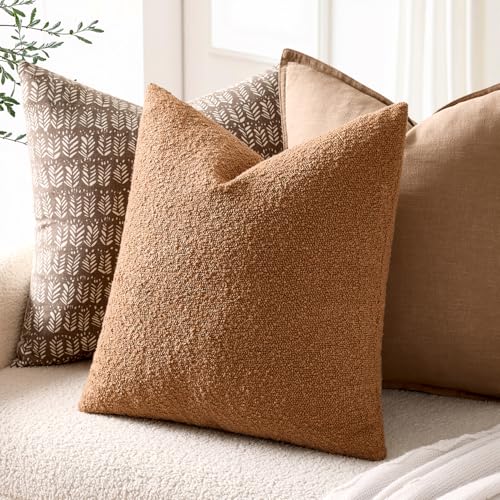 EMEMA Pack of 2, 20 x 20 Inch, Textured Boucle Throw Pillow Covers Cozy Soft Accent Solid Cushion Cases Decorative Brown Pillowcases for Couch Sofa Chair Bedroom Living Room Home Decor - color: Brown, size: 20" x 20" (Pack of 2)