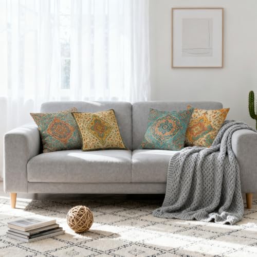 Vintage Boho Mandala Throw Pillow Covers 18x18 Set of 4, Floral Ornate Carpet Decorative Pillowcover for Couch Sofa Livingroom Outdoor Home Decor - color: Vintage Boho Mandala