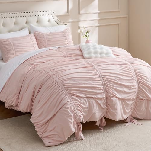 Bedsure Ruched Comforter Set with Bow Trim Pink, GentleSoft™ 3 Pieces Bow Bedding Pink Room Decor, Queen Boho Bedding for Girls Teens Women, 1 Bed Comforter, 2 Pillow Shams, 90x90 Inches - color: 05 - Bow Trim Crystal Pink, size: Queen (90" x 90")