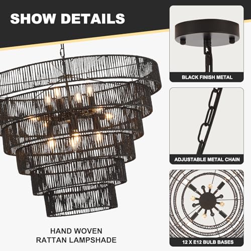 31.49" Large Rattan Black Chandelier for Dining Room, Farmhouse 12-Lights Boho Hand-Woven Bamboo Chandelier, Drum Wicker Black Chandeliers for Kitchen Island, Living Room, Bedroom, Entryway - color: Black 31IN