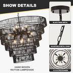 31.49" Large Rattan Black Chandelier for Dining Room, Farmhouse 12-Lights Boho Hand-Woven Bamboo Chandelier, Drum Wicker Black Chandeliers for Kitchen Island, Living Room, Bedroom, Entryway - color: Black 31IN