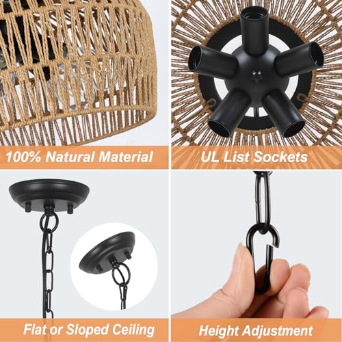 HMVPL Large Farmhouse Chandeliers for Dining Room, 5-Light Rattan Boho Chandelier Light Fixture with Wicker Lampshade, Coastal Hanging Pendant Lighting for Kitchen Island Bedroom Living Room Nursery - color: Brown, size: 5-Lights (D)18.1 in