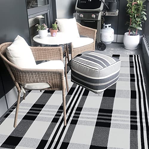 Buffalo Plaid Rug 4' x 6' Black and White Outtdoor Rug Cotton Hand-Woven Checkered Front Welcome Door Mat Indoor/Outdoor Area Rug for Front Porch,Kitchen,Bathroom,Entry Way,Living Room (4' x 6') - color: Black&white Plaid, size: 4' x 6' (Rectangular)
