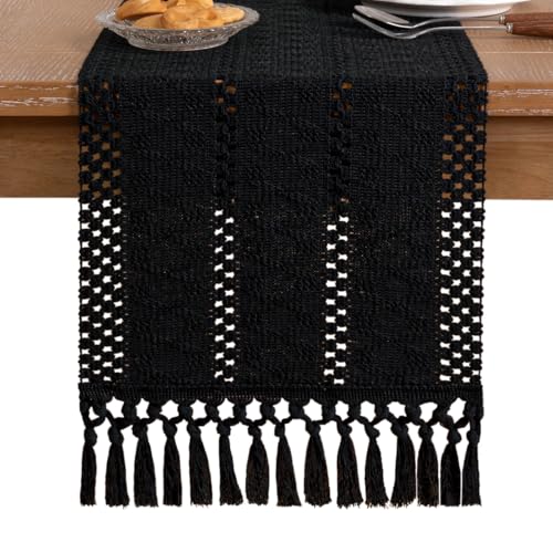 Socomi Boho Table Runner Summer Farmhouse Woven Cotton Linen Rustic Coffee Table Runner with Tassels for Dresser Scarf Home Decor Dining Room 12x90 inch Black - color: Black, size: 12" X 90"