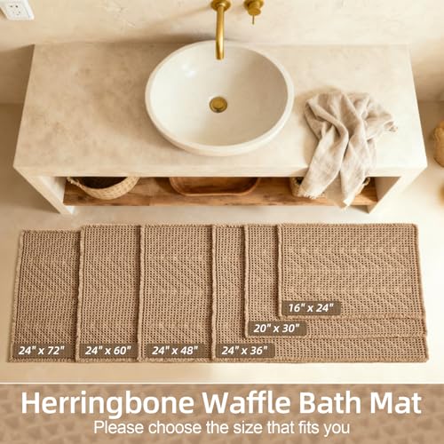 Sunfly Boho Bathroom Rug, Herringbone Waffle Bath Mat Non-Slip Washable Super Absorbent Quick Dry, Farmhouse Bath Mat for Bathroom Floor Decor 20"*30" Khaki - color: Akhaki, size: 1'8" x 2'6" (Rectangular)