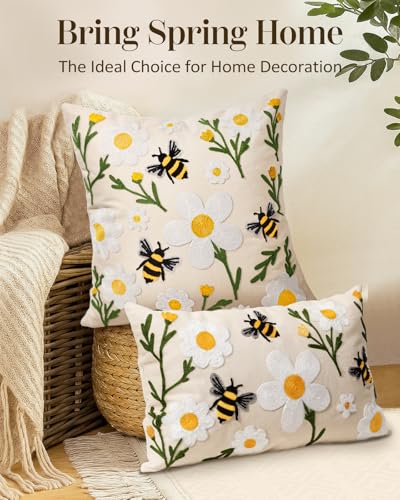 Embroidered Throw Pillow Cover 20x20 Inch - Spring Summer Boho Decorative Pillow Cover with Zipper for Living Room Couch Sofa Bed Aesthetic Design Flower Bee Cushion Pillowcase - color: Flower Bee, size: 20" x 20" (Pack of 1)
