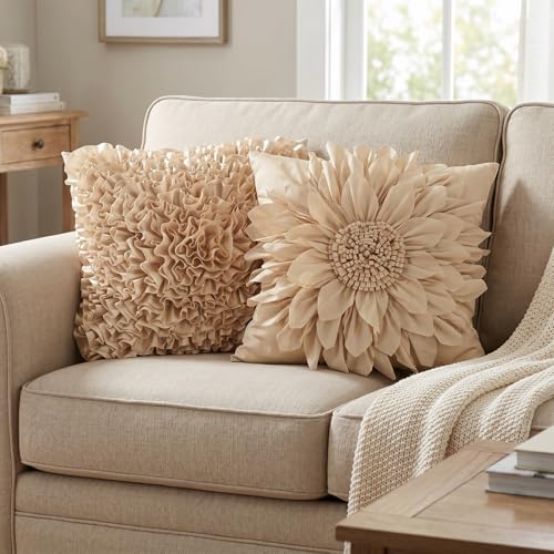 Bella's Giftshop 3D Sunflower Decorative Throw Pillow Covers for Bed Sofa Couch Car, Accent Floral Taffeta Cushion Cover, Handmade Pillow Cases Living Room Decor, 17x17 Inch-Beige/Taupe - color: Beige