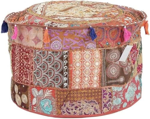 Indian Pouf Footstool Ethnic Embroidered Pouf Cover, India Cotton Round Pouffe Ottoman Pouf Cover Pillow Ethnic Decor Art-Cover Only-Indian Ottoman poufs - color: Brown, size: 18"D x 18"W x 14"H