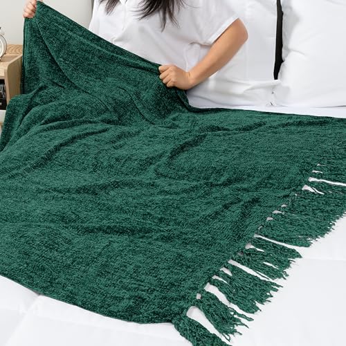 PAVILIA Emerald Green Blanket for Couch, Twin Size Bed, Chenille Throw for Sofa Bed, Soft Knit Woven Blanket with Decorative Tassel for Living Room, Emerald Green 60x80 - color: Emerald Green, size: 60 X 80 Inches - Twin