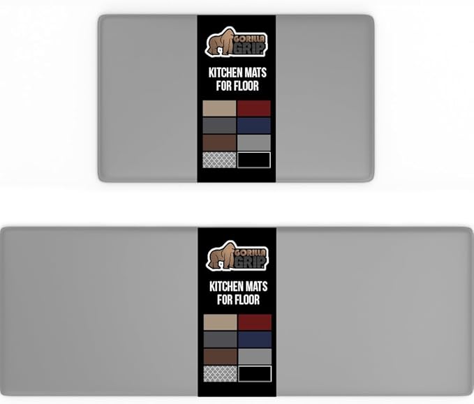 GORILLA GRIP 2 Pack Comfortable Cushioned Kitchen Mats for Floor, 17x24 + 17x48, Waterproof and Stain Resistant, 1/2 Inch Thick Soft Ergonomic Standing Desk Anti Fatigue Mat, Foam Supports Feet, Grey