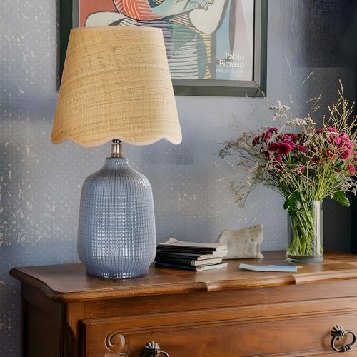 Pia Ricco 19" Modern Ceramic Table Lamp for Living Room Gray Blue Base Desk Lamps for Bedroom Farmhouse Bedside Nightstand Lamp End Table Lamps,Bule,Rattan Shade - color: Navy Blue Base