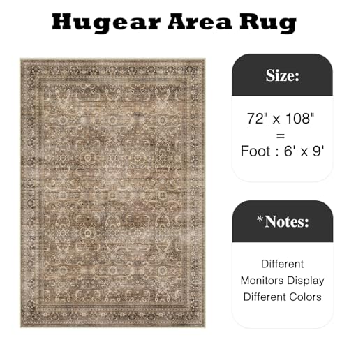 HUGEAR Area Rug 6x9 Vintage Brown Machine Washable Living Room Rugs Distressed Retro Floral Vacuumable Low Pile Carpet Bedroom Office Dining Room Laundry Room Non Slip Soft Lightweight - color: Retro | Brown, size: 6' x 9' (Rectangular)