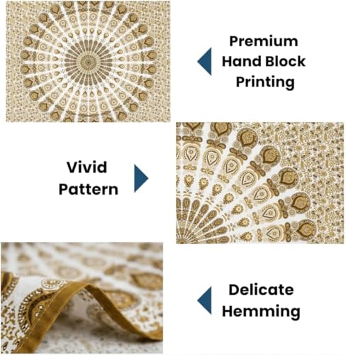 FURNISHFUL FINESSE Handmade Cotton Peacock Mandala Tapestry - White Gold Indian Boho Wall Decor, Shimmery Bohemian Hippie Room Hanging - 54x84 Inches, (White Gold) - color: White Gold, size: 84"L x 54"W