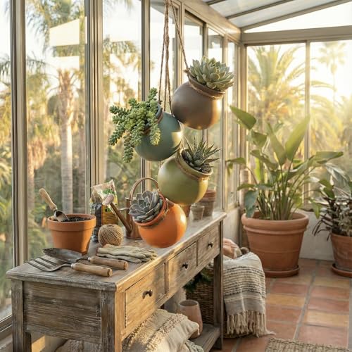 MyGift Dangling Southwest Desert Color Ceramic 4 Pot Set, Wall or Ceiling Mount Hanging Mini Flower Planters
