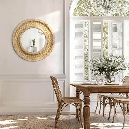 JJUUYOU Wood Mirror with Wood Frame Circle Mirrors for Wall 20 Inch Circular Hanging Mirrors for Living Room Bathroom Vanity Entryway Hallway Brown - color: Round Mirror-brown, size: 20"L x 20"W