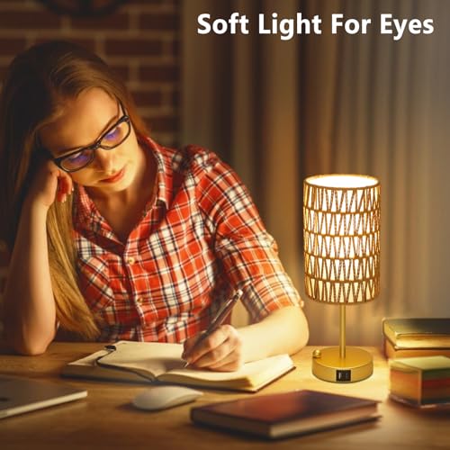Gold Table Lamp for Bedroom with Bulb, Small Touch Control Table Lamp for Living Room with Rattan & Linen Shade, 3 Way Dimmable Bedside Lamp for Nightstand with USB Charging Port & Phone Stand - color: Gold