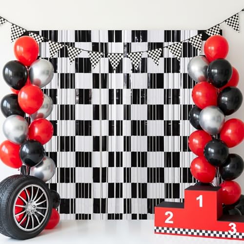 TONIFUL 2 Packs Race Car Checkered Foil Fringe Curtains 3.3 x 6.6 ft | Black and White Metallic Tinsel Streamers Curtain Backdrop for Race Car Themed Birthday Sports Party Photo Booth Decorations - color: Checkered