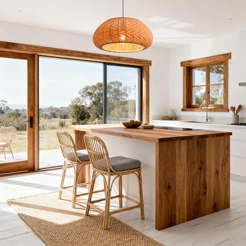 Farmhouse Pendant Light, 19" Rattan Handwoven Boho Chandelier for Dining Room, Farmhouse Ceiling Light Fixture with Adjustable Cord, Natural Wicker Hanging Lamp for Kitchen Island, Bedroom, E26 Base - color: D3038