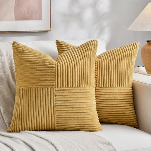 Fancy Homi 2 Packs Mustard Yellow Samll Decorative Throw Pillow Covers 12x12 Inch with for Couch Bed Sofa, Rustic Farmhouse Boho Home Decor, Soft Corss Patchwork Corduroy Square Cushion Case 30x30 cm - color: Mustard Yellow, size: 12" x 12" (Pack of 2)