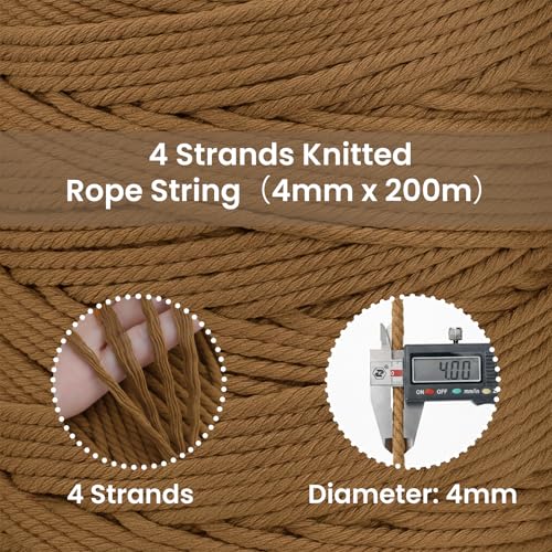 220 Yards Macrame Cord 4 Strand Twisted Recycled Cotton 4mm Latte String for Crafts Wall Hangings Plant Hangers DIY Knitting Macrame Supplies - color: Latte, size: 4mmx220Yards