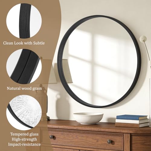 WallBeyond Round Wood Mirror, 32" Round Modern Decoration Large Circle Wall Mirror for Bathroom Living Room Bedroom Entryway, Black - color: Black, size: 32"L x 32"W