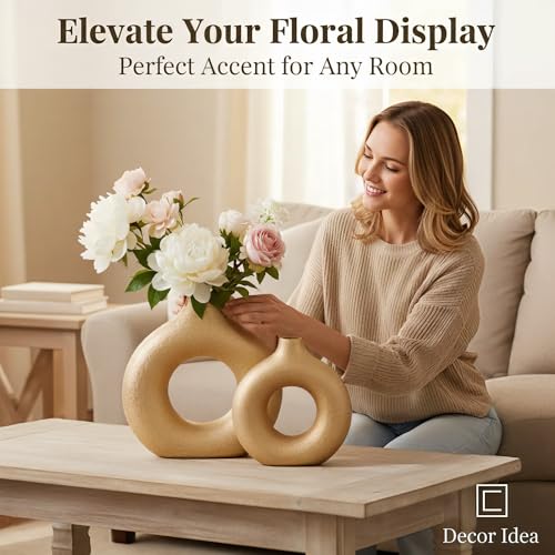 Modern Donut-Shaped Decorative Vases, Handmade Minimalist Boho ins Style, Modern Vase for Home Decor for Wedding Dinner Table Party Living Room Office Bedroom (Gold, Extra Large + Large) - color: Gold, size: Extra Large + Large