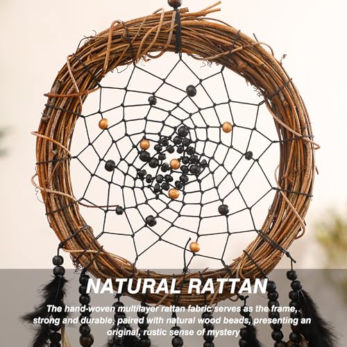 Dream Catcher Native American Boho Dreamcatcher Black Wall Decor, Handmade Rattan Natural Goose Feathers Wall Art Hanging Indian Room Decor for Bedroom Living Room - color: Black