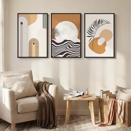 Framed Boho Mid Century Modern Wall Art for Living Room, 3 Piece Large Abstract Canvas Prints Paintings, Orange Earth Tones Moon Botanical Artwork Decor for Bedroom Hallway 16x24 Inch - color: Orange Black, size: 24" H x 16" W x 3Pcs