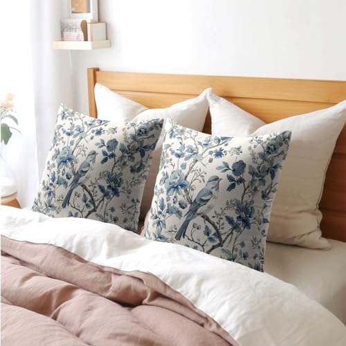 Chinoiserie Blue & White Pillow Covers - 16x16 Inches, Bule Birds & Flowers Design, Set of 2 for Home Couch & Sofa - color: Chinoiserie Flowers240413, size: 16" x 16" (Pack of 2)