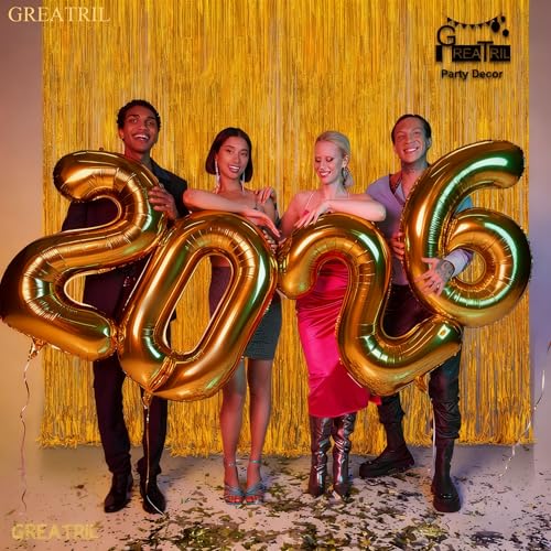 Gold Fringe Curtain Tinsel Backdrop - GREATRIL Foil Fringe Curtain Party Streamers for Prom 2026 NYE New Years Eve Birthdays Christmas Theme Party Decorations Pack of 2 - color: Gold