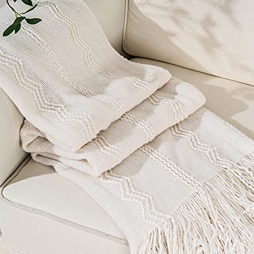 BATTILO HOME Cream Throw Blanket for Couch, Bedroom Decor Boho Throw Blanket, Decorative White Blanket Throw for Sofa Living Room, 50"x60" - color: Cream, size: 50 x 60 in.