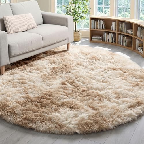ONASAR Tie-Dye Beige Round Area Rug 4ft, Soft Bedroom Circle Rugs Floor Mats for Kids Girls Teen Room, Kawaii Fluffy Plush Shaggy Carpet for Baby Nursery Living Room Playroom Home Decor - color: Tie-dyed Light Beige, size: 4' (Round)