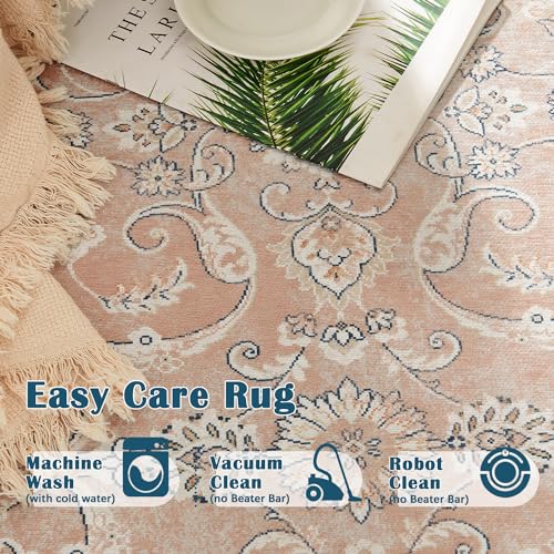 jinchan Area Rug 5x7 Washable Pink Vintage Rug Indoor Mat Traditional Foldable Distressed Thin Retro Floral Print Rug Floor Non Slip Carpet Kitchen Bedroom Living Room Dining Room - color: Vintage Pink, size: 5' x 7' (Rectangular)