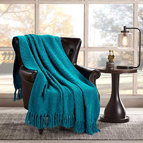 HOMEIDEAS Warm Tassel Knit Blanket Throw Size for Couch Sofa Bed, Teal Green Thick Knitted Armchair Office Chair Throw Blankets, Winter Chunky Blankets(50x60) - color: Teal Green