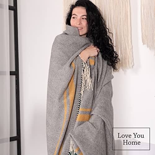 LYHome Merino Wool Blanket - Warm Throw for Cold Weather, Warmest Travel Outdoor Camping Blankets, Picnic Army and Military Throws, Comforter Soft & Cozy (55 x 79 Grey with Mustard and White Stripes) - color: Grey With Mustard and White Stripes