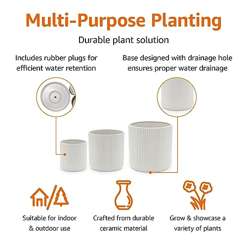 Amazon Basics Fluted Ceramic Planters for Indoor Outdoor Plants, Round Flower Pots with Drainage Hole, Set of 3, 6 inch, 8 inch, 10 inch, White - color: White, size: 6 inch, 8 inch, 10 inch