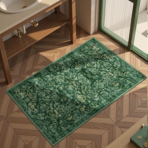 Dark Green 2x4 Runner Rug for Hallways Bed Side Kitchen, Boho Washable Distressed Low-Pile Floor Entryway Long Bathroom Mat, Non-Slip Laundry Room Washstand Front Carpet Green 24x48 Inch - color: Dark Green, size: 2'x4'