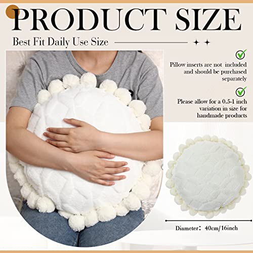Tranqun 2 Pcs Boho Throw Pillows Cover 15.7 Inch Round Bohemian Decorative Pillow Covers Throw Pillow Cover Hand Tufted with Textured Pom Poms Cushion for Couch Sofa Bed Yoga (Beige White) - color: Beige White