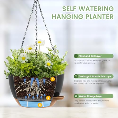 3 Pack 10 Hanging Flower Pots with Chains Self Watering Plastic Planters for Indoor Outdoor Plants, Sturdy Triangular Iron Chain Design for Garden PorchPlastic hanging flower pots (3, Black Brown) - color: Black Brown