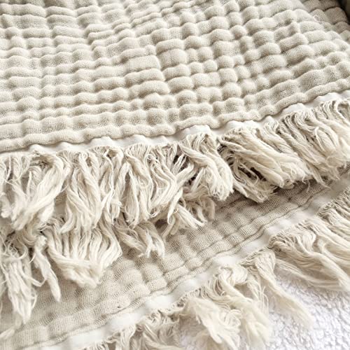 KyraHome 100% Organic Cotton Throw Muslin Blankets, 90"x90", Pre-Washed Plant Dyed, Breathable Lightweight Soft Gauze Summer Blankets for Adults, Bed, All Season, Oatmeal Khaki - color: Oatmeal Khaki, size: Queen