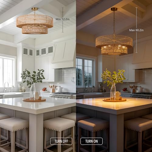 26 Inch Boho Rattan Chandelier, 6-Lights Hand Woven Bohemian Chandeliers with 2-Tier Drum Wicker Shade, Modern Farmhouse Large Pendant Light Fixture for Dining Room Living Entryway Bedroom - color: Gold Metal, size: 26 Inch