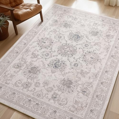 Phantoscope Washable Area Rug 5'x7' Non-Slip, Vintage Neutral Rugs for Living Room, Bedroom, Dining Room, Distressed Boho Floral Medallion Pattern, Low-Pile Foldable Floor Carpet, Cream Beige/Neutral - color: Cream Beige/Neutral, size: 5' x 7' (Rectangula