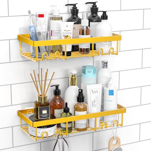 Moforoco Shower Caddy Shelf Organizer Rack, Self Adhesive Black Bathroom Shelves Basket, Home Farmhouse Wall Inside Organization and Storage Decor Rv Accessories, First Camper Apartment Essentials - color: Gold, size: Medium