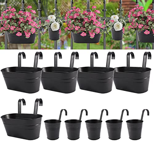 HowRU Metal Iron Flower Pots for Railing Fence Hanging Bucket Pots(5 Pcs) and Hanging Flower Pots Metal Iron Bucket Planter(10 Pcs) (Black) - color: Dark Black