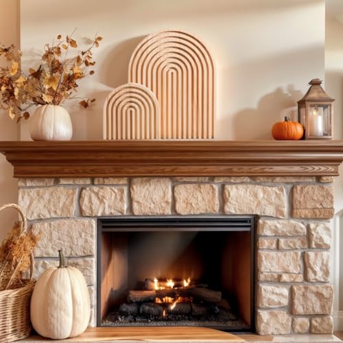 2 Pcs Natural Wood Arch Decor, Boho Shelf & Serving Board for Fireplace Mantel, Kitchen Counter - Light Pine Finish, Scandinavian & Japandi Style Aesthetic Accents for Living Room, Home Office - color: Natural