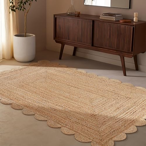 Savi Home Scalloped Jute Rug 4'x6' – Handwoven Natural Area Rug, Farmhouse Boho Style, Eco-Friendly Reversible Carpet for Living Room, Bedroom, Entryway, Dining Room Décor - color: Scalloped Natural, size: 4' x 6' (Rectangular)