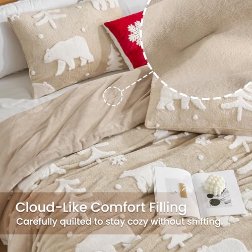 Amélie Home Christmas Comforter Set Queen, Fluffy Christmas Bedding Set with Polar Bear, Beige Fleece Plush Comforter, 3 Pieces, 1 Soft Comforter and 2 Pillowcases - color: Christmas Polar Bear Beige, size: Queen (90"x90")