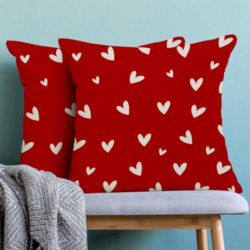 Valentine's Day Red Throw Pillow Covers 18x18 Inch Set of 2, Love Heart Linen Decorative Pillow Cover Romantic Valentine Themed Cushion case Outdoor Cushion Cover for Sofa Couch Farmhouse Room - color: Love Heart4, size: 18" x 18" (Pack of 2)